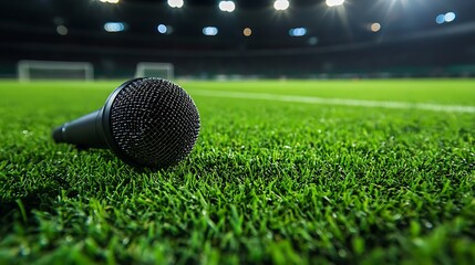 Microphone on Green Football Field at Night Sports Event Recording Audio Equipment