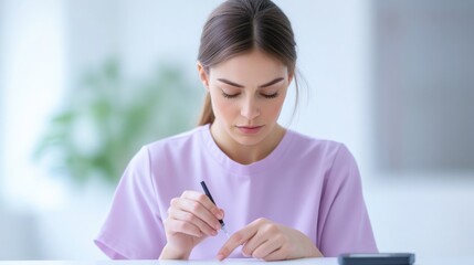 woman checking her blood sugar levels at home