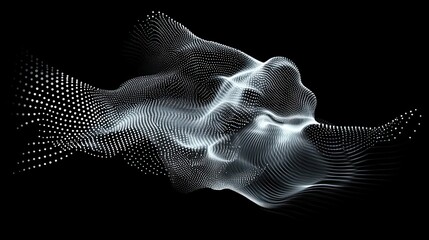 Abstract digital wave of glowing particles on black background.