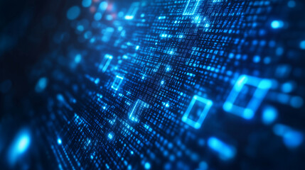 Obraz premium Big data stream flowing on dark blue shining background with binary code and square highlights