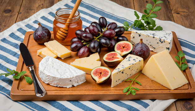 Cheese, fruit platter in rustic style in natural colors for sharing.
