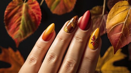 autumn-inspired almond-shaped nails with a matte burnt orange base. Each nail is decorated with hand-painted maple leaves in shades of red, yellow, and brown, accented by gold foil.