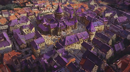 Naklejka premium Purple Rooftops of a Town with Central Castle From a High Angle Perspective Visual Artwork