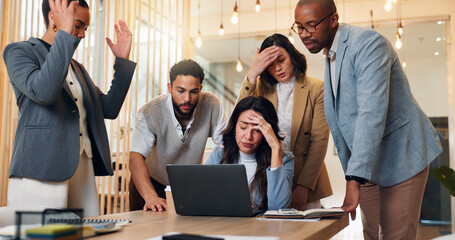 Frustrated, business people and laptop with stress for company bankruptcy, financial crisis or...