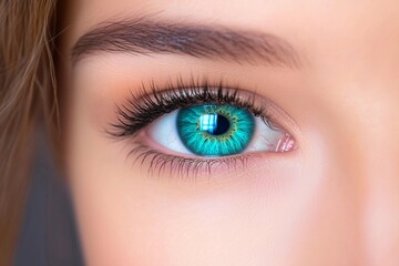Obraz premium Close-up of a womana??s vivid turquoise eye, showcasing fine detailing in the iris and subtle veins in the sclera, captured in ultra HD