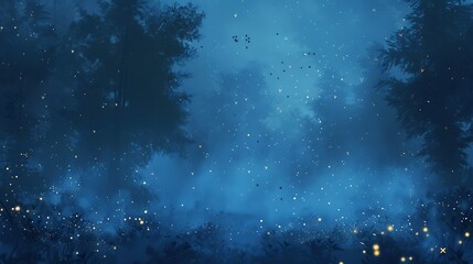 Serene Forest Glowing Embers Flutter in Dreamy Midnight Atmosphere among Trees at Night