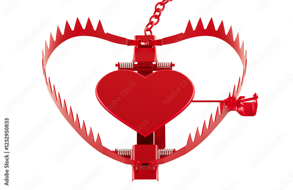 Poster heart shaped trap, love trap concept. 3d rendering isolated on transparent background