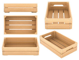 Empty wooden crates, different views and angles. 3D rendering isolated on transparent background