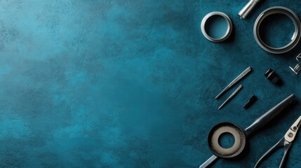 A Flat Lay Display of Various Assorted Tools and Equipment on a Textured Blue Background Ideal for DIY and Home Improvement Projects