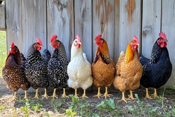 Colorful chickens walking in a garden surrounded by vibrant flowers and greenery