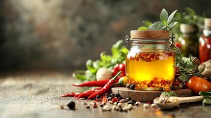 Glass jar of infused oil with herbs, chili peppers, and spices on a rustic wooden table surrounded by fresh vegetables and greenery, creating a cozy and natural culinary scene