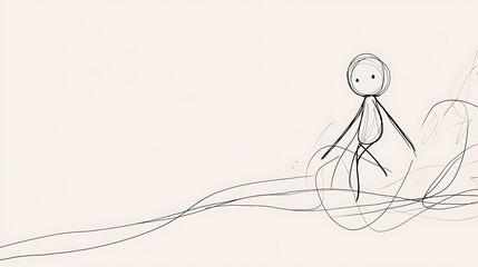 Simple Line Character Walking Amidst Swirling Lines With Round Head And Two Small Eyes