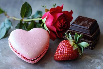 One heart-shaped macaron in pink, a delicate red rose, and a single chocolate-covered strawberry. Subtle Valentine’s elegance.
