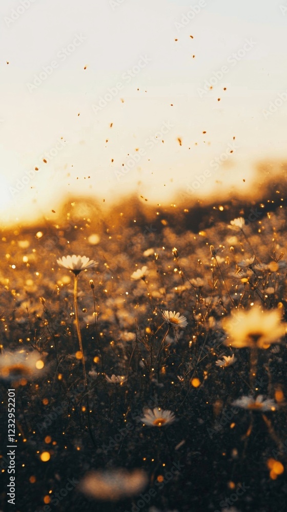Poster sunset over a field filled with flowers and gentle winds creating a serene atmosphere