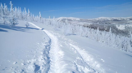 Snow-covered mountain trail, winter landscape, sunny day, recreational use