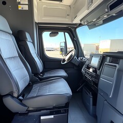 Spacious Interior Vehicle Cabin Seating and Dashboard View From Within Light-Colored Truck