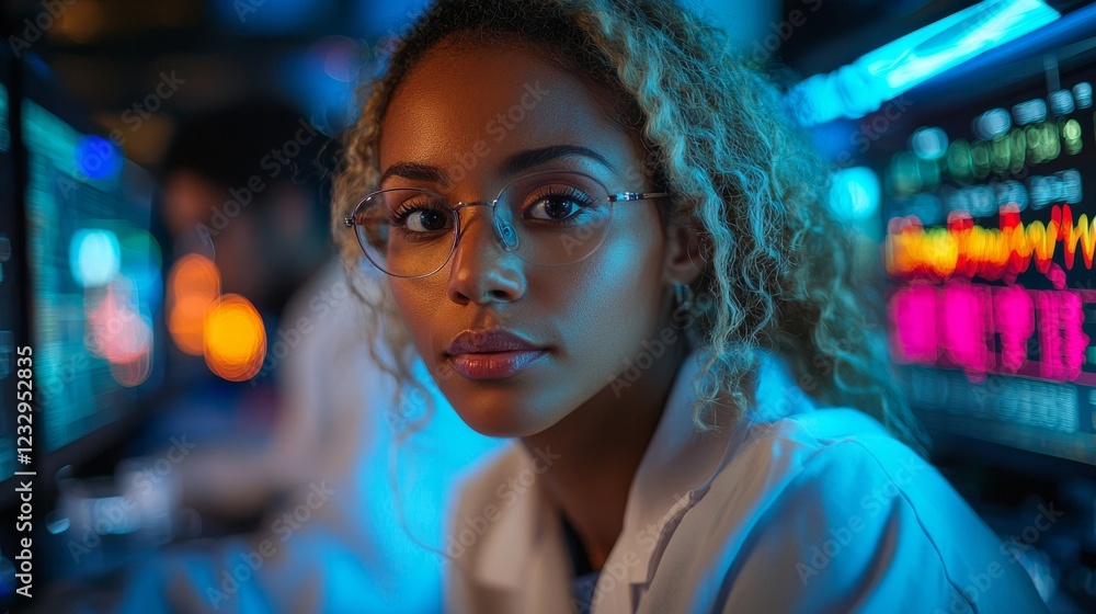 Poster a female scientist examines the liquid in a beaker and records her observations on the computer. she