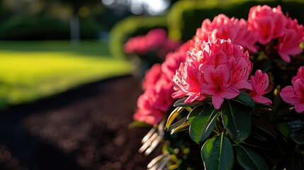 Pink rhododendrons bloom garden sunset