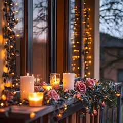 Romantic Valentine's Day balcony with fairy lights and candles, copy space on one side