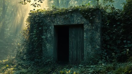 Fototapeta premium Mysterious stone structure, forest, sunrise, open door, fantasy setting
