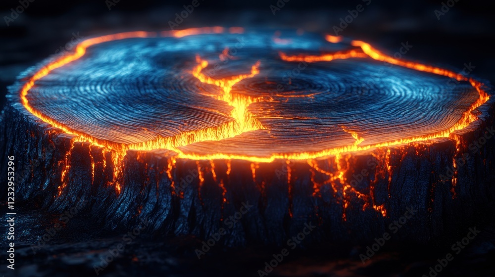 Poster glowing lava flows within a dark tree stump cross-section.