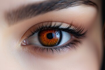 Obraz premium Close-up of a womana??s rich amber eye with strong contrast between the dark pupil and detailed iris textures, captured in ultra HD
