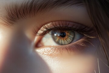 Close-up of a womana??s soft brown-gray eye, with delicate textures and glowing highlights, captured in