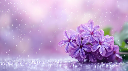 Lilac flowers in rain, spring garden, soft focus background, nature website banner