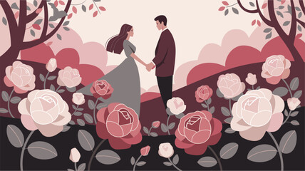A heartwarming flat design of a same-sex couple embracing in a flower-filled garden, celebrating love and inclusivity