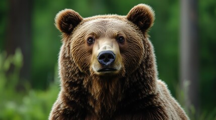 Obraz premium Portrait of a majestic brown bear in its natural habitat, a lush green forest