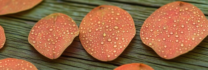 Water droplets on orange flower petals rest on wooden surface in nature
