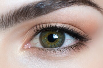 Obraz premium Close-up of a womana??s olive green eye, showcasing intricate textures in the iris and sclera with natural lighting, captured in