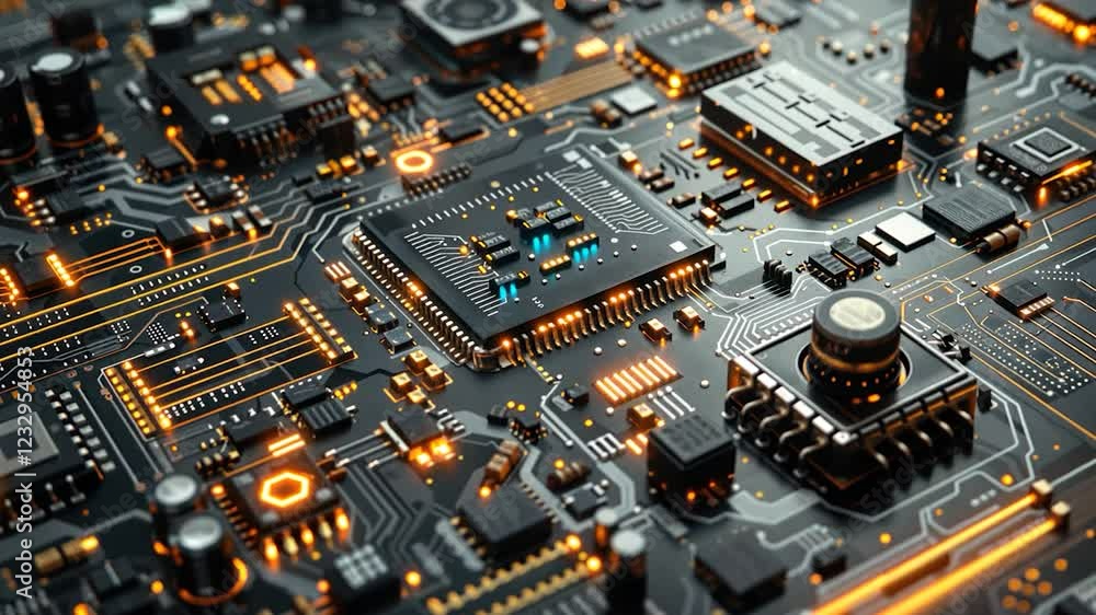 Poster close-up view of a circuit board with glowing components.
