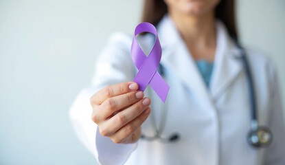 Doctor with purple ribbon for world cancer day, lupus, Pancreatic, Esophageal, Testicular cancer, world Alzheimer, epilepsy, Sarcoidosis, Fibromyalgia
