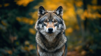 Fototapeta premium Wild wolf staring intensely, exuding power and dominance in a beautiful autumnal forest setting