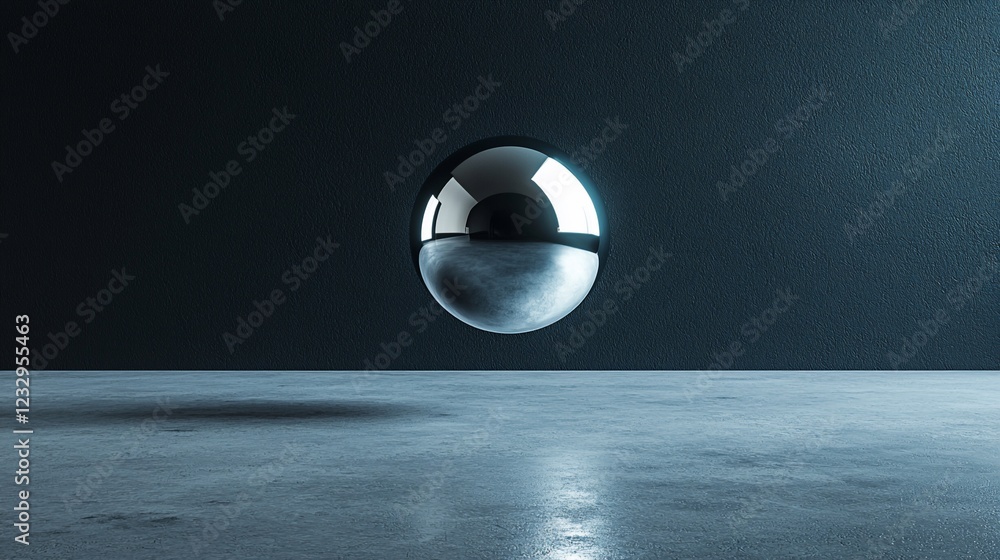 Aufkleber Chrome Sphere Floating Above Concrete Floor
