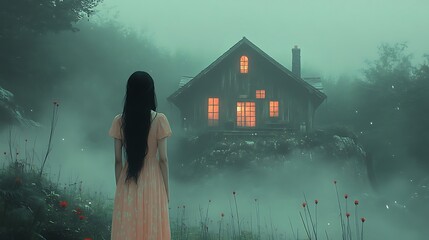 Woman Standing Before Cabin in Misty Woods at Night with Warm Light Emanating from Windows