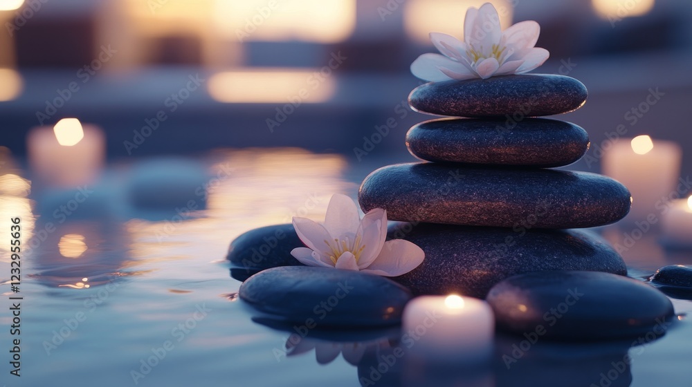 Poster stacked stones create a serene atmosphere near a tranquil water surface in a calming setting
