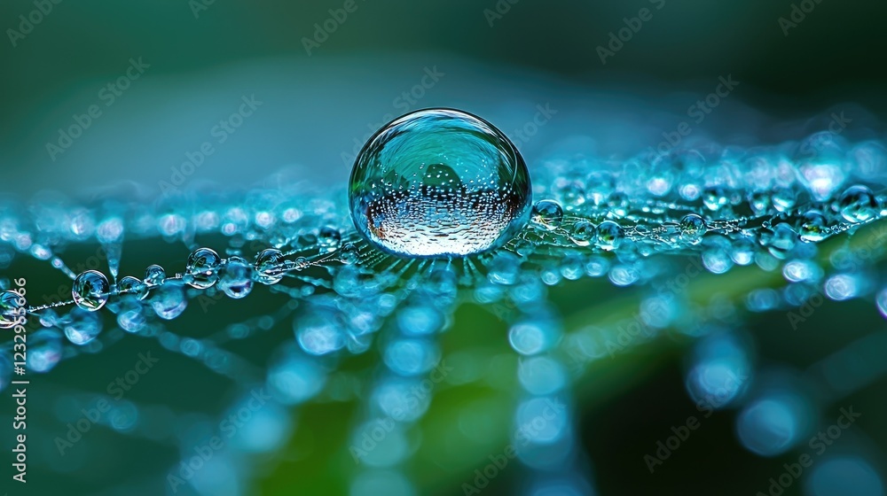 Poster A Large Dewdrop Rests On A Web Of Smaller Dewdrops