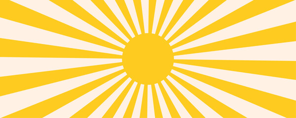 Groovy retro sun. Sunburst, sun light rays pattern on yellow background. Abstract radial lines stripes retro wallpaper for poster, banner, advertising, comic book or circus ticket.