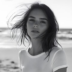 Woman With Dark Hair On Beach With Wind Blowing Her Locks On A Bright Day In Black And White