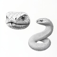 detailed drawing of a snake head and a coiled snake