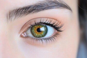 Obraz premium Close-up of a womana??s bright golden-green eye, with intricate textures and a soft gradient effect within the iris, captured in ultra HD