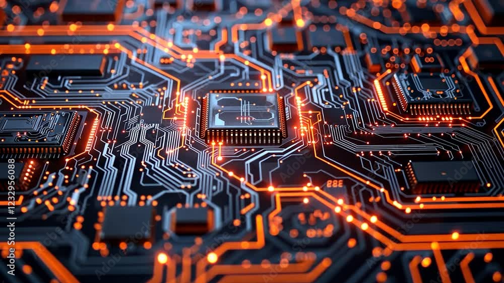 Aufkleber close-up view of intricate circuit board design with glowing lights.