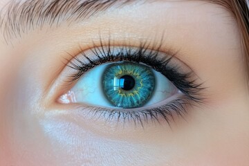 Obraz premium Close-up of a womana??s vibrant turquoise-blue eye, showing the sharp contrast between the iris and pupil, with fine detailing in the iris, captured in