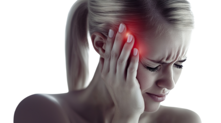 Young woman suffering from headache, holding her temple in pain, isolated on transparent cutout background