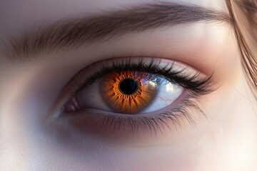 Fototapeta premium Close-up of a womana??s soft burnt orange eye, with fine textures and a vibrant hue in the iris, captured in