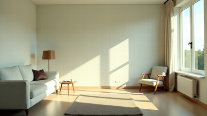 Fototapeta premium Living Room with Bright, Open Window, Minimalist Furniture