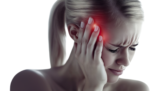 Young woman suffering from headache, holding her temple in pain, isolated on transparent cutout background
