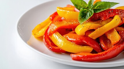 A simple serving of roasted bell pepper strips, lightly seasoned and arranged on a plain white ceramic plate, Bell pepper strips centered
